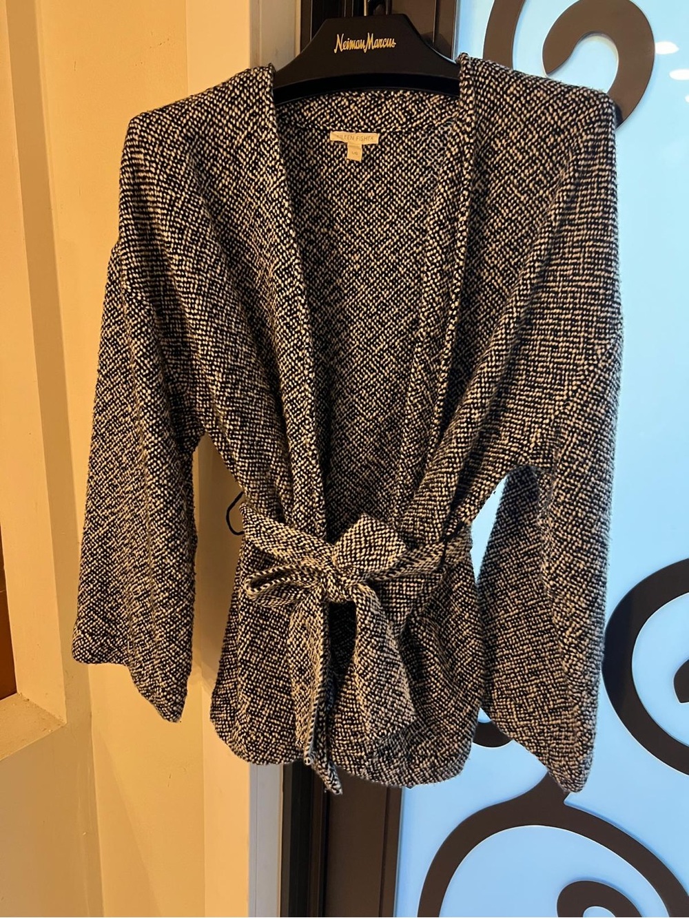 Eileen Fisher Textured Black and White Belted Women's Sweater Cardigan